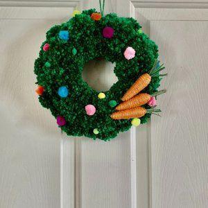 Spring Easter Grass Pom Pom Yarn Small Wreath w/ Burlap Carrots & Rainbow Poms